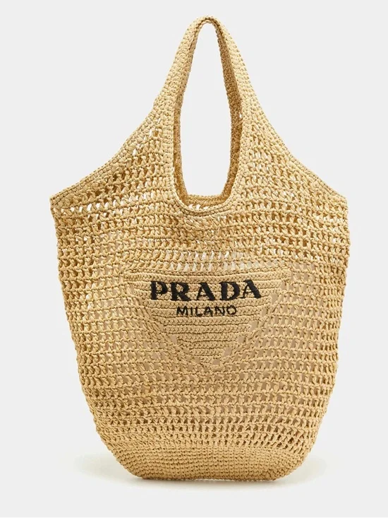 Prada Logo Cream/Black Woven Raffia Beach Bag - Picture 4 of 15
